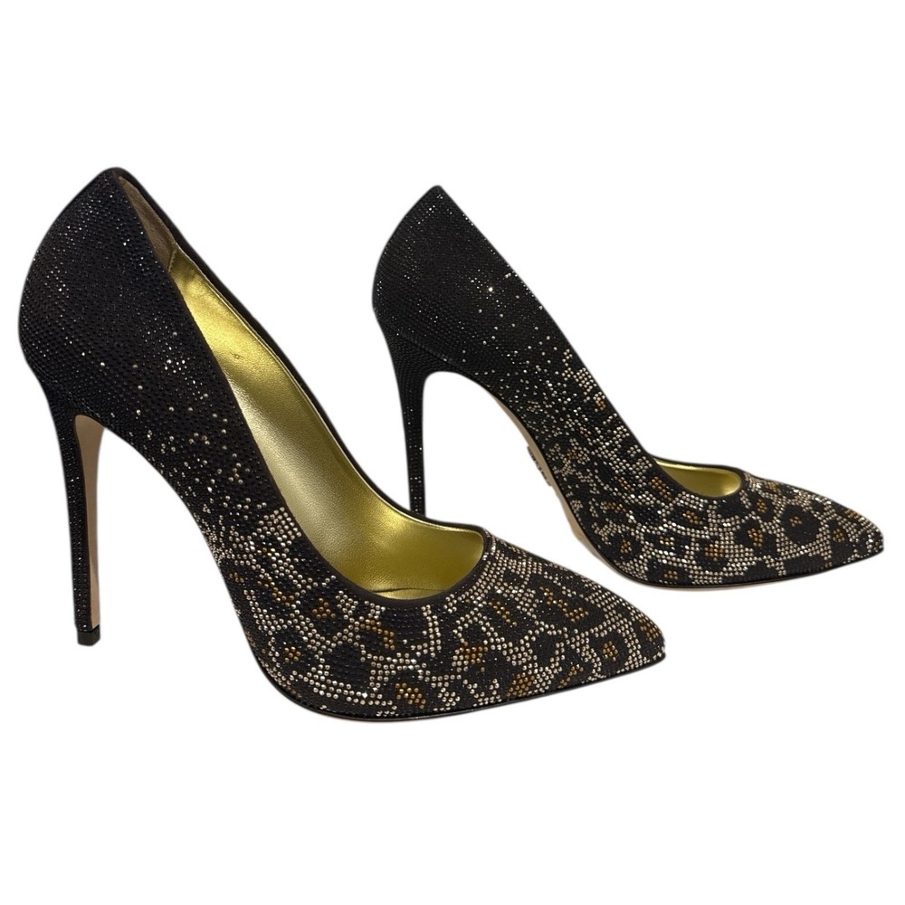 Daniela Funari Angelina Crystal Leopard Print Pumps Stiletto Heels Black Gold 38